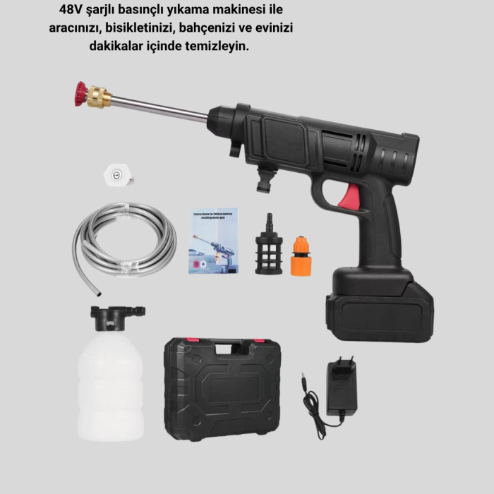 Kablosuz Basınçlı Yıkama Makinesi – 48v Güçlü Motor, 2 Pil Ve Köpük Hazneli