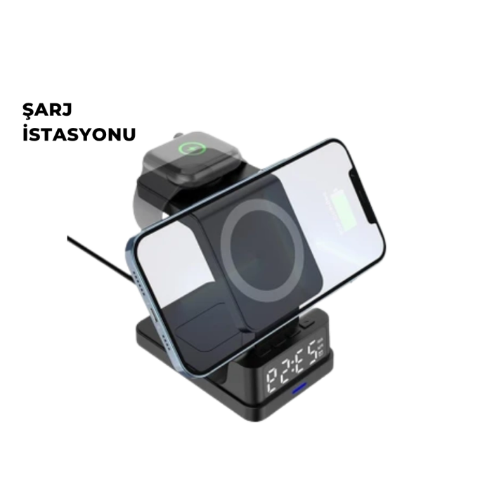 Kablosuz Şarj İstasyonu Ve Dijital Saat – Apple Uyumlu, 3 Kademeli Işık Ayarı