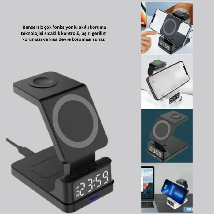 Kablosuz Şarj İstasyonu Ve Dijital Saat – Apple Uyumlu, 3 Kademeli Işık Ayarı