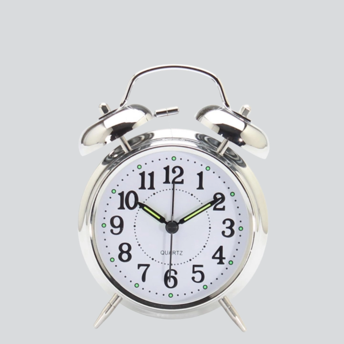 Yuvarlak Gümüş Dekoratif Işıklı Masa Üstü Saat Alarmlı Sessiz Çalışma