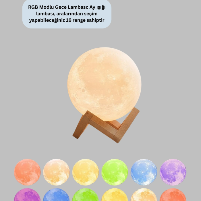 16 Renkli 3d Baskılı Ay Lambası Ahşap Standlı