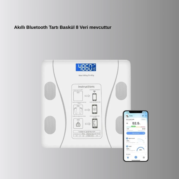 Bluetooth Akıllı Tartı – 8 Fonksiyonlu Dijital Baskül, 180 Kg Kapasiteli