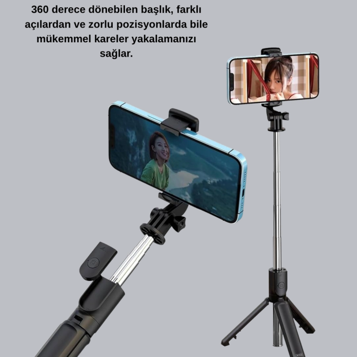Bluetooth Selfie Çubuğu – 360° Dönebilen Başlık, Kablosuz Bağlantı
