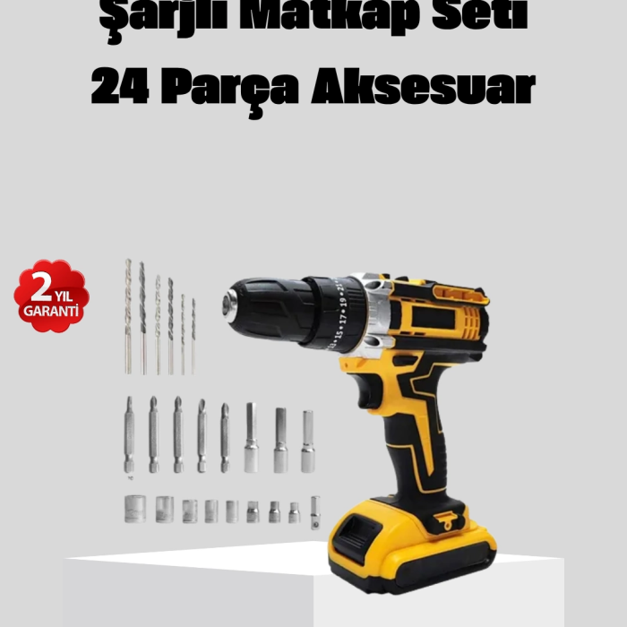 24 Parça Çift Bataryalı Akülü Darbeli Matkap – Güçlü Motor, Metal Dişli, Led Işıklı