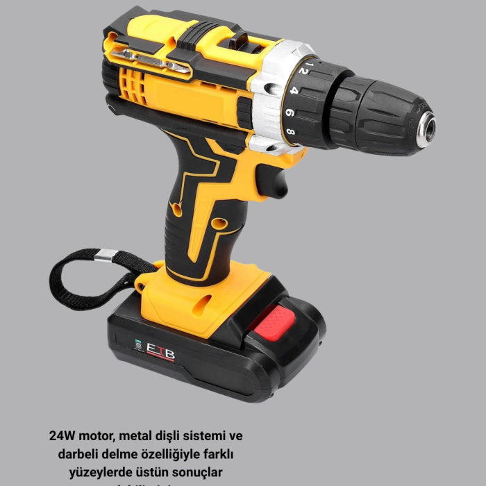24 Parça Çift Bataryalı Akülü Darbeli Matkap – Güçlü Motor, Metal Dişli, Led Işıklı