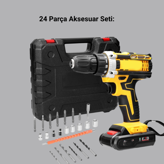 24 Parça Çift Bataryalı Akülü Darbeli Matkap – Güçlü Motor, Metal Dişli, Led Işıklı