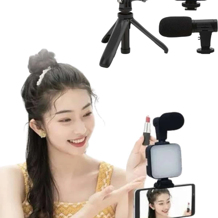 Tripod Telefon Tutucu Kumandalı Mikrofon Led Işık Vlog Video Kayıt