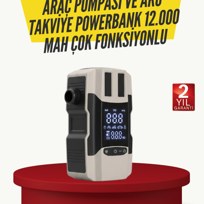 Araç Lastik Şişirme Pompası Ve Akü Takviye Powerbank Bir Arada
