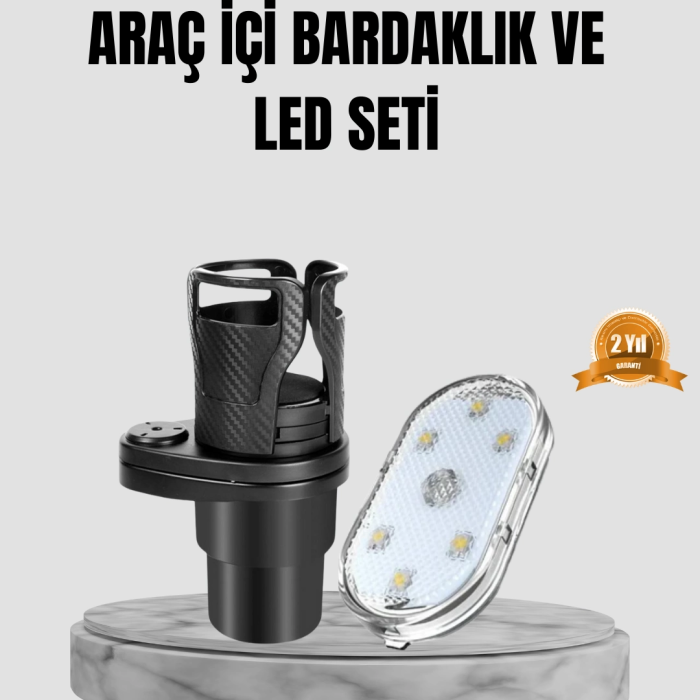 360° Döner Çiftli Bardak Tutucu Ve Kablosuz Ambiyans Led Işık Araç Seti