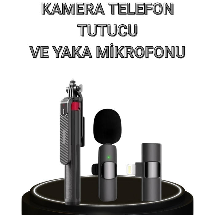 Vlog Ve Canlı Yayın İçin Çift Yaka Mikrofonu Ve Tripodlu Selfie Çubuğu Seti