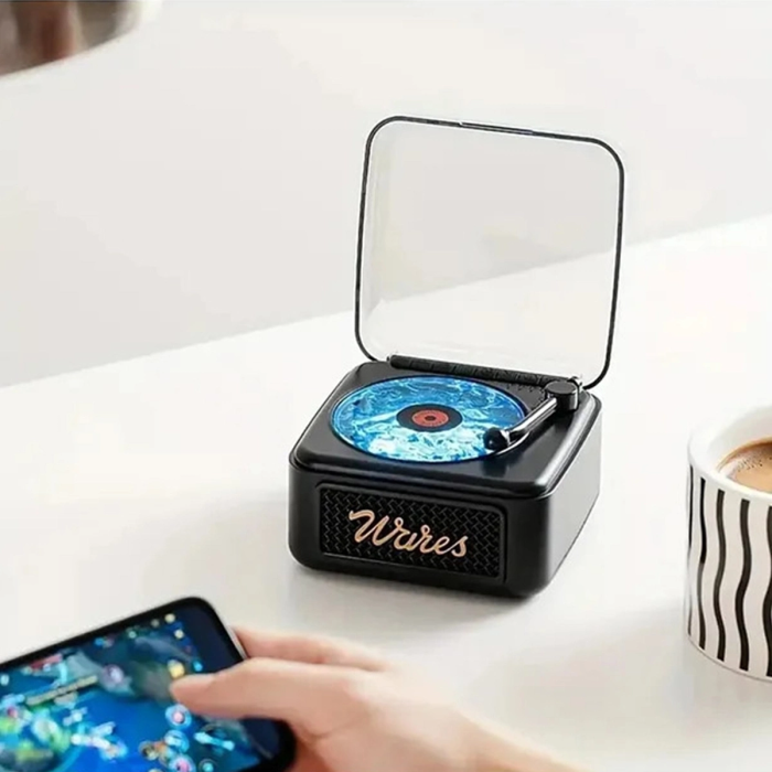 Nostalji Mini Plak Görünümlü Radyolu Bluetooth Hoparlör 3d Ses Dalgası Retro Müzik Plak Siyah