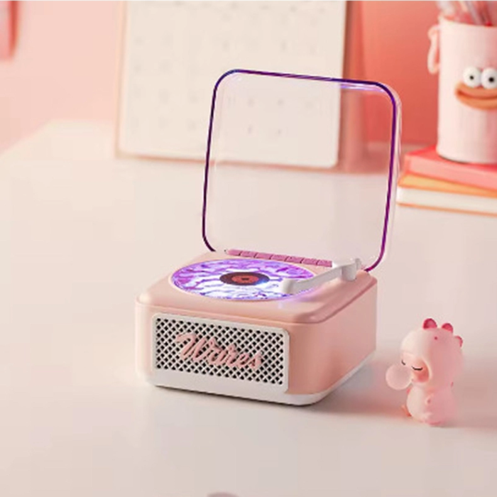 Nostalji Mini Plak Görünümlü Radyolu Bluetooth Hoparlör 3d Ses Dalgası Retro Müzik Plak Pembe