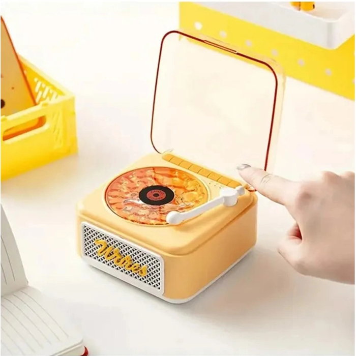 Nostalji Mini Plak Görünümlü Radyolu Bluetooth Hoparlör 3d Ses Dalgası Retro Müzik Plak Sarı