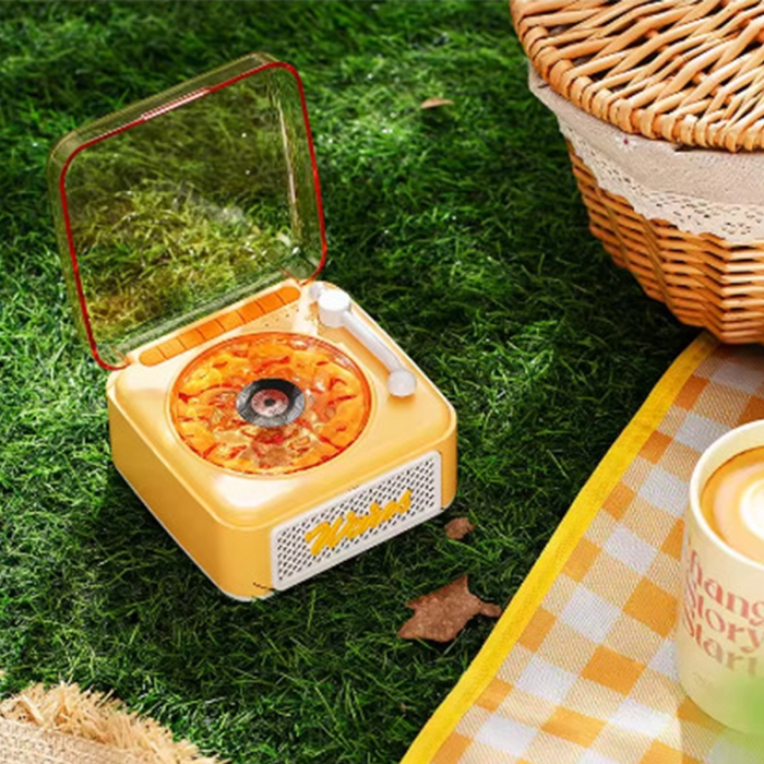 Nostalji Mini Plak Görünümlü Radyolu Bluetooth Hoparlör 3d Ses Dalgası Retro Müzik Plak Sarı