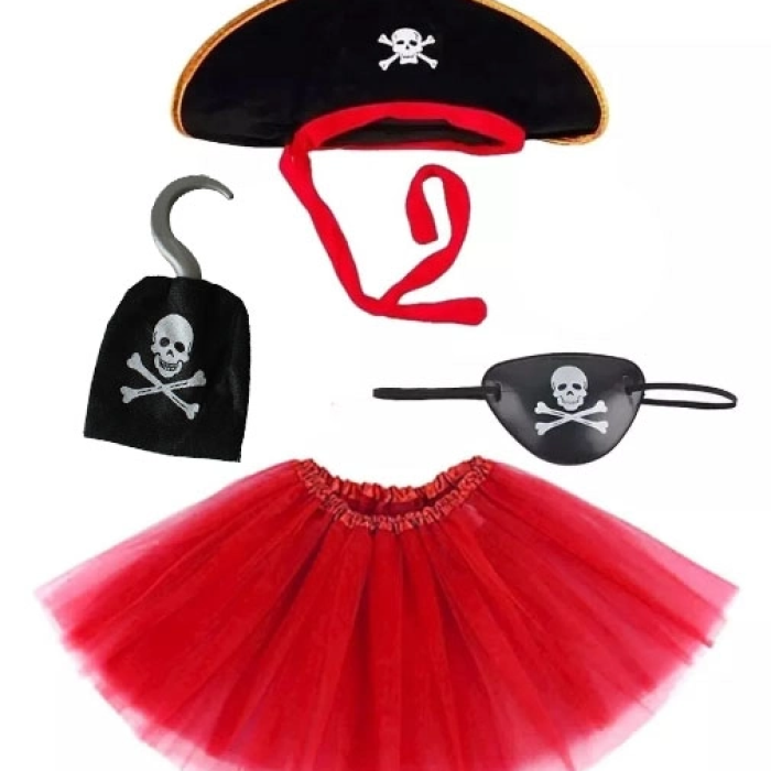 Kız Çocuk Korsan Kostüm Seti - Şapka Etek Kanca Maske