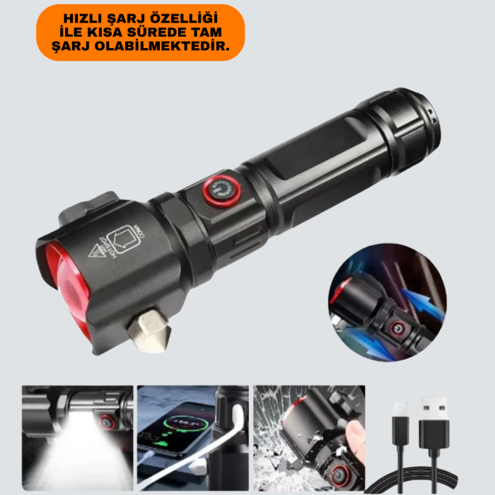 Çekiçli Pusulalı Acil Durum Feneri USB Şarjlı Çok Fonksiyonlu