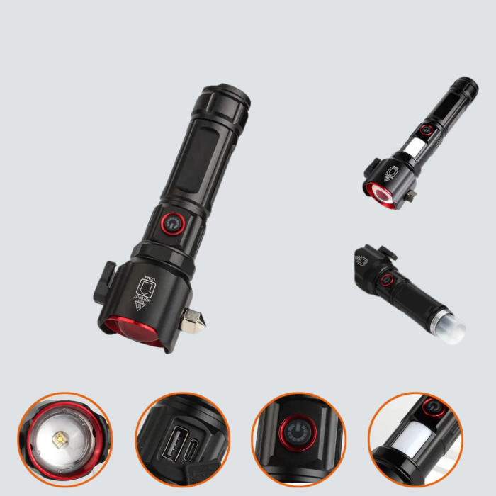 Çekiçli Pusulalı Acil Durum Feneri USB Şarjlı Çok Fonksiyonlu
