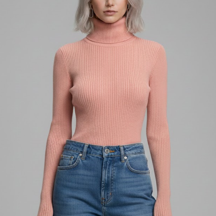 Kadın Pudra Pembe Tam Boğazlı Fitilli Triko Kazak - Yumuşak Dokulu Kışlık Slim Fit Örme Bluz