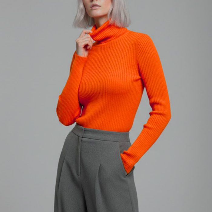 Kadın Turuncu Tam Boğazlı Fitilli Triko Kazak - Yumuşak Dokulu Esnek Örme Bluz