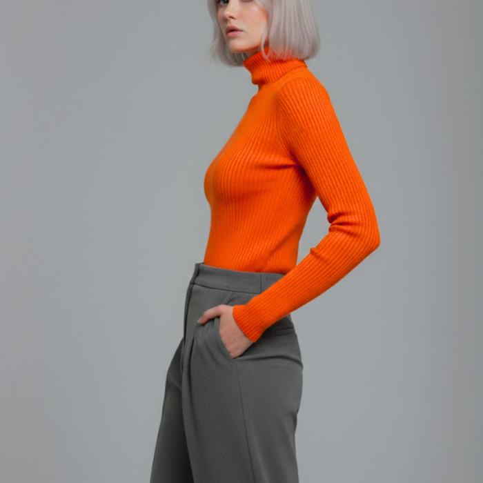 Kadın Turuncu Tam Boğazlı Fitilli Triko Kazak - Yumuşak Dokulu Esnek Örme Bluz