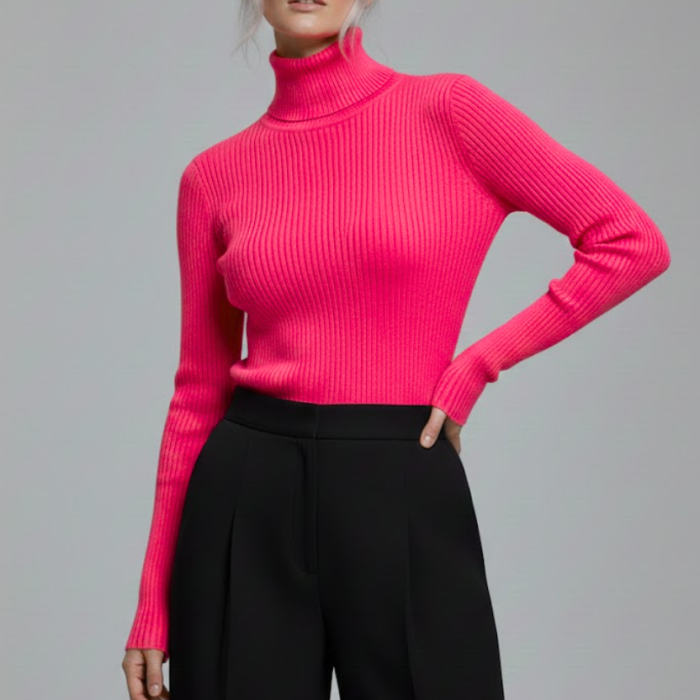 Kadın Fuşya Pembe Boğazlı Slim Fit Kışlık Triko Kazak - Yumuşak Dokulu Esnek Bluz