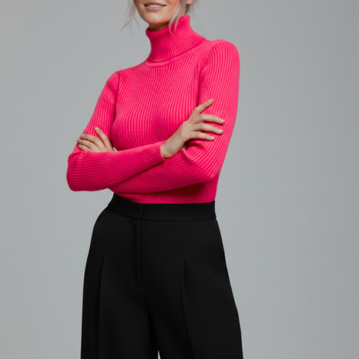 Kadın Fuşya Pembe Boğazlı Slim Fit Kışlık Triko Kazak - Yumuşak Dokulu Esnek Bluz