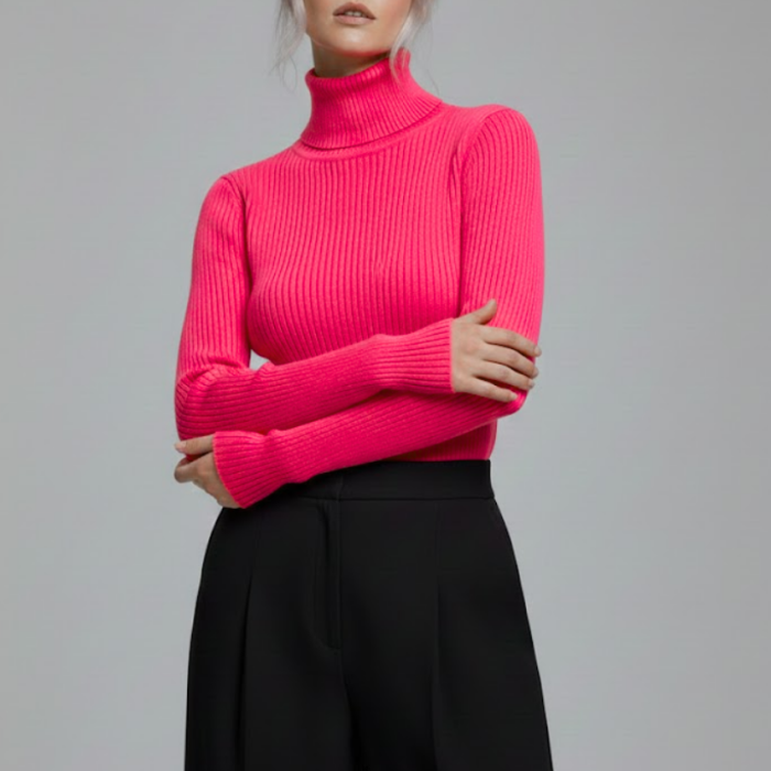 Kadın Fuşya Pembe Boğazlı Slim Fit Kışlık Triko Kazak - Yumuşak Dokulu Esnek Bluz