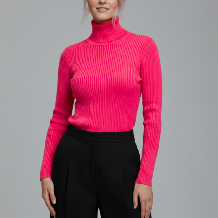 Kadın Fuşya Pembe Boğazlı Slim Fit Kışlık Triko Kazak - Yumuşak Dokulu Esnek Bluz