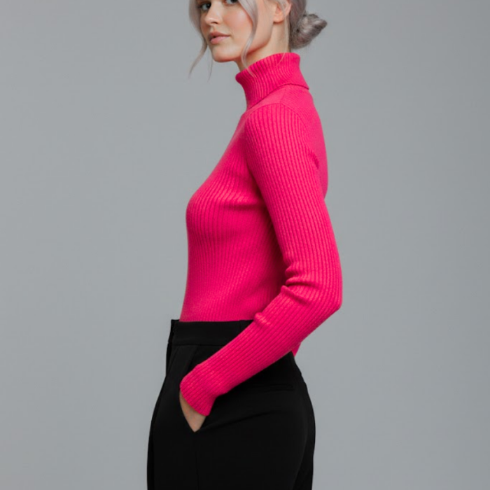 Kadın Fuşya Pembe Boğazlı Slim Fit Kışlık Triko Kazak - Yumuşak Dokulu Esnek Bluz