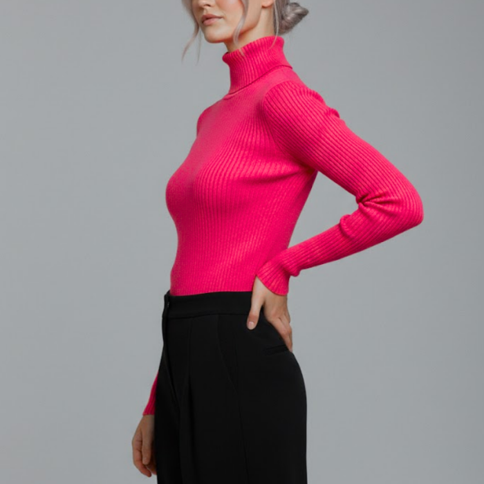 Kadın Fuşya Pembe Boğazlı Slim Fit Kışlık Triko Kazak - Yumuşak Dokulu Esnek Bluz