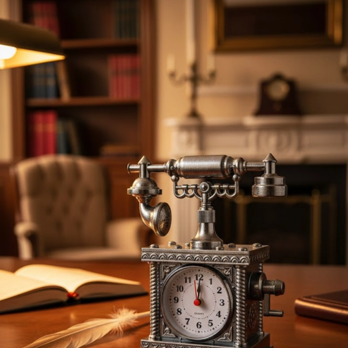 Vintage Telefon Tasarımlı Masa Saati Ve Çalar Saat Dekoratif Model