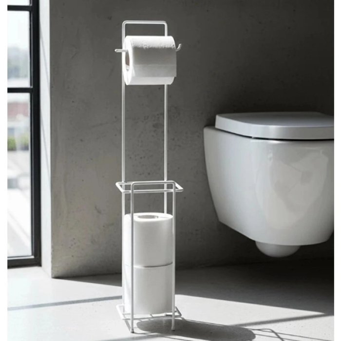 Beyaz Standlı Yedek Hazneli Tuvalet Kağıtlığı