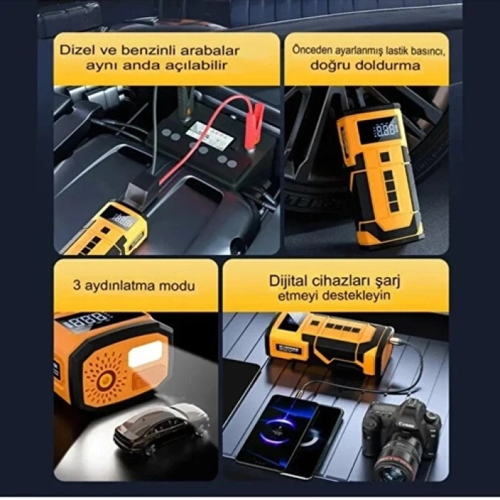 8000 Mah Taşnabilir Dijital Ekranlı Araç Akü Takviyeli,powerbank,ışıklı Oto Hava Kompresörü