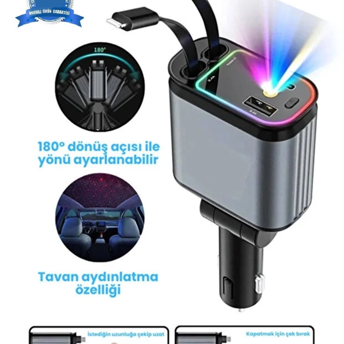 Led Işık Tavan Aydınlatmalı 66w 4’1 Çift Kablolu Hızlı Şarj 3.4a Araç İçi Çakmaklık Şarj Aleti