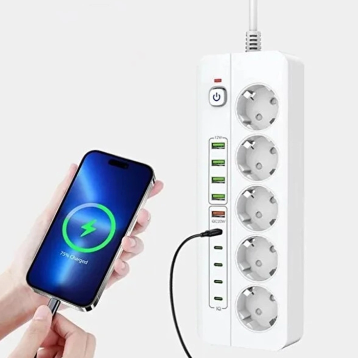 3500w Akım Korumalı 5’li Grup Priz: 5x Usb + 5x Type-c Çıkışlı (2 Metre)