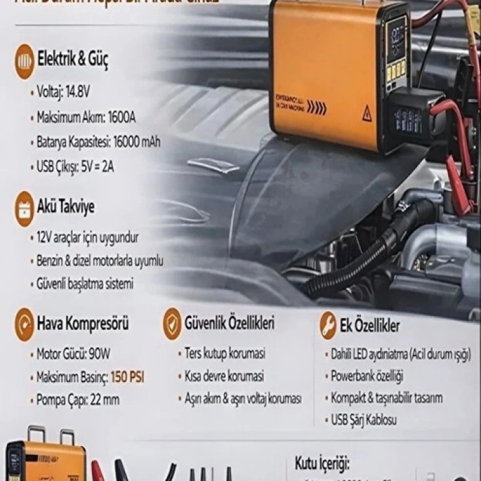 16.000 Mah 5’i 1 Arada Akü Takviyeli Şarjlı Hava Pompası Powerbank Dijital Fener & Hava Üfleme