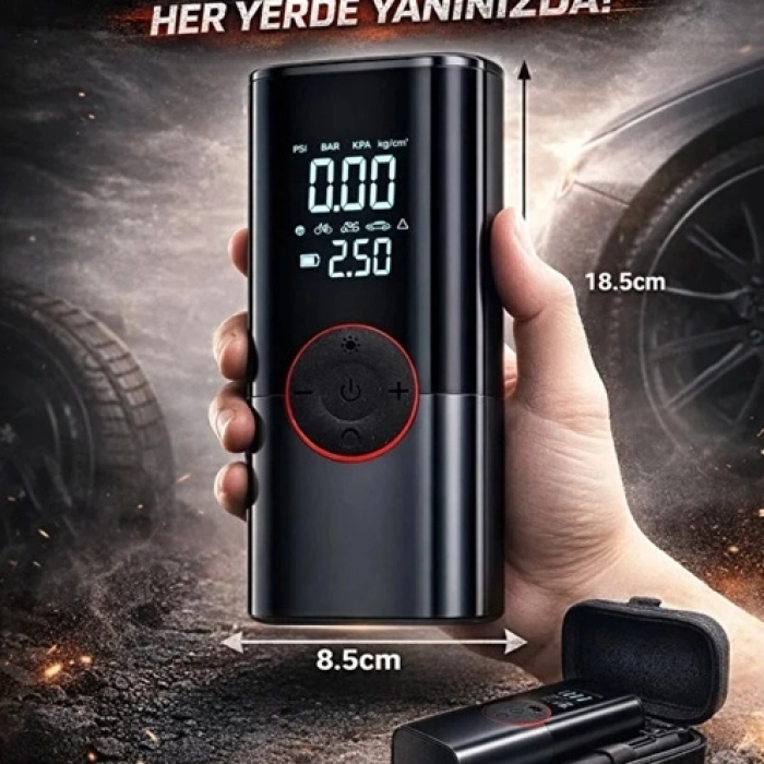 St-9650 Şarjlı 10.000 Mah Taşınabilir Araç Hava Kompresörü Akü Takviyeli Dijital Ekranlı Işıklı Çantalı