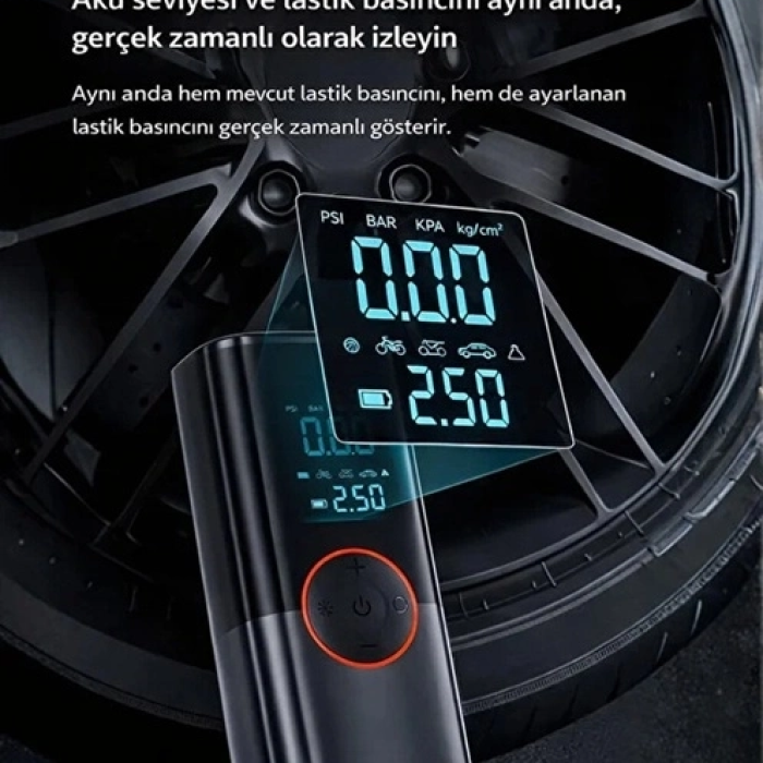 St-9650 Şarjlı 10.000 Mah Taşınabilir Araç Hava Kompresörü Akü Takviyeli Dijital Ekranlı Işıklı Çantalı