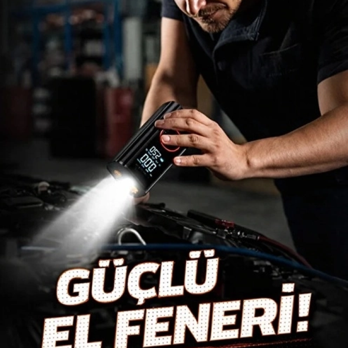 St-9650 Şarjlı 10.000 Mah Taşınabilir Araç Hava Kompresörü Akü Takviyeli Dijital Ekranlı Işıklı Çantalı