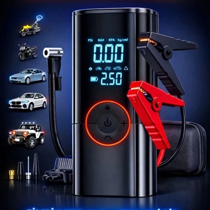 St-9650 Şarjlı 10.000 Mah Taşınabilir Araç Hava Kompresörü Akü Takviyeli Dijital Ekranlı Işıklı Çantalı