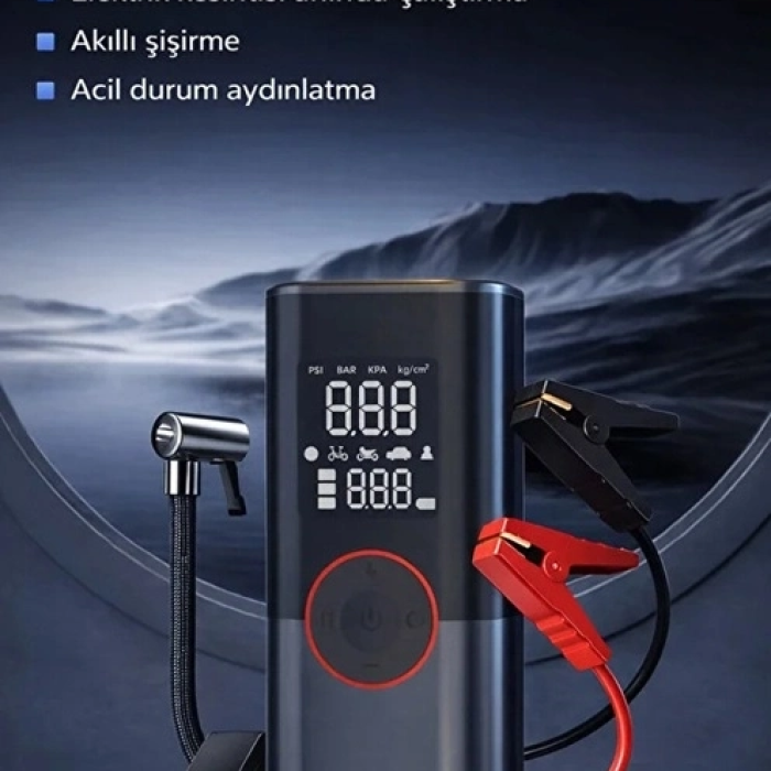St-9650 Şarjlı 10.000 Mah Taşınabilir Araç Hava Kompresörü Akü Takviyeli Dijital Ekranlı Işıklı Çantalı