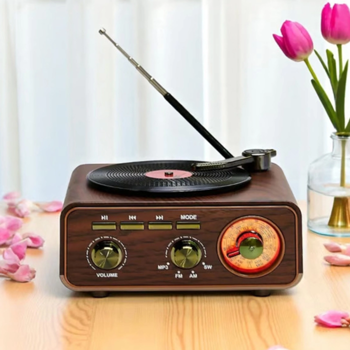 Nostaljik Tasarım Plak Çalar Görünümlü Radyolu Bluetooth Hoparlör Retro Müzik Plak