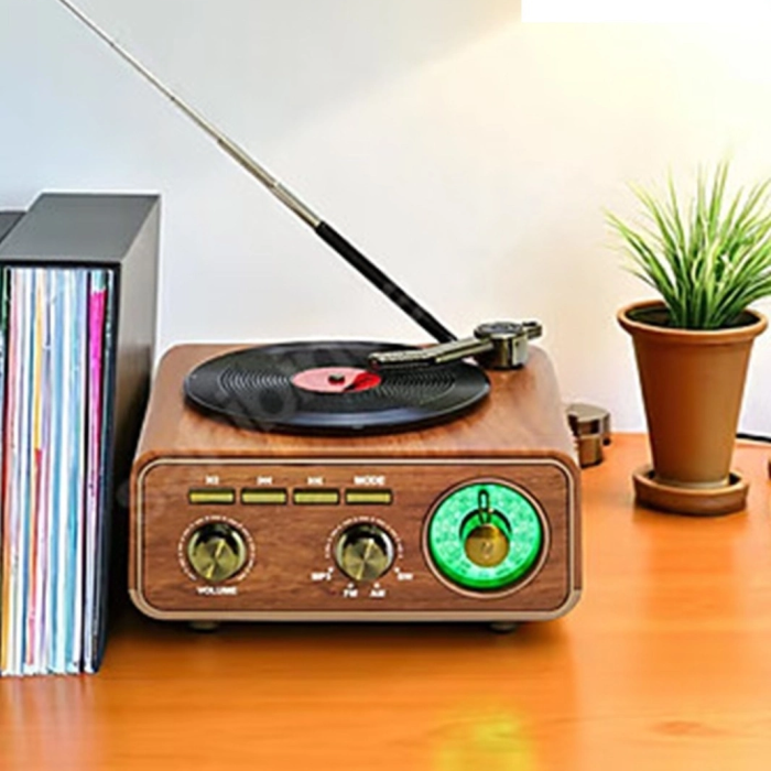 Nostaljik Tasarım Plak Çalar Görünümlü Radyolu Bluetooth Hoparlör Retro Müzik Plak Açık Kahverengi