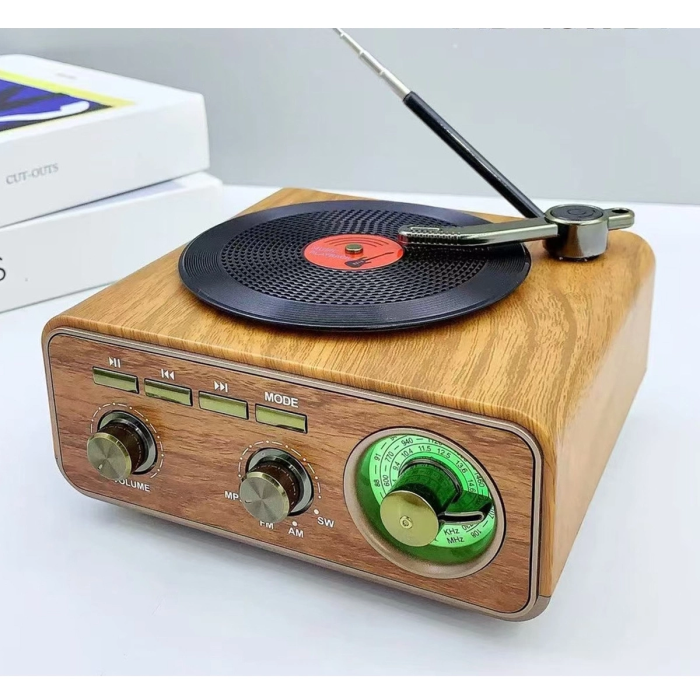 Nostaljik Tasarım Plak Çalar Görünümlü Radyolu Bluetooth Hoparlör Retro Müzik Plak Açık Kahverengi