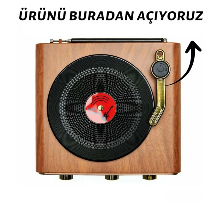 Nostaljik Tasarım Plak Çalar Görünümlü Radyolu Bluetooth Hoparlör Retro Müzik Plak Açık Kahverengi