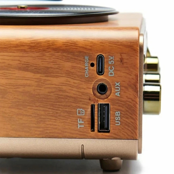 Nostaljik Tasarım Plak Çalar Görünümlü Radyolu Bluetooth Hoparlör Retro Müzik Plak Açık Kahverengi