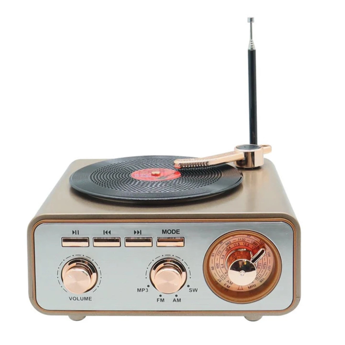 Metalik Nostaljik Tasarım Plak Çalar Görünümlü Radyolu Bluetooth Hoparlör Retro Müzik Plak