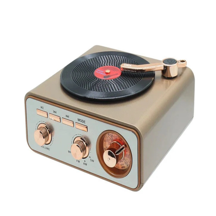 Metalik Nostaljik Tasarım Plak Çalar Görünümlü Radyolu Bluetooth Hoparlör Retro Müzik Plak