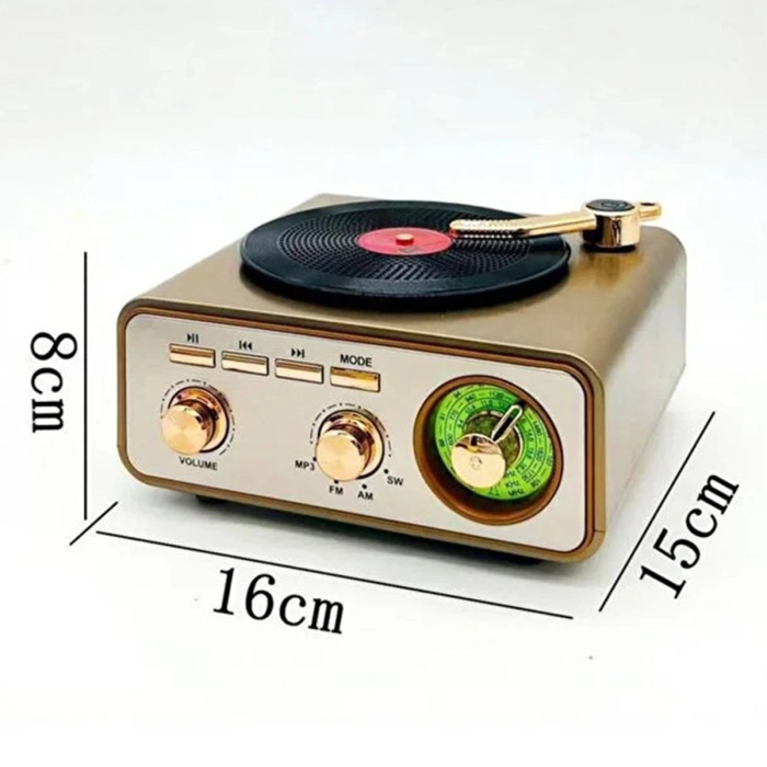Metalik Nostaljik Tasarım Plak Çalar Görünümlü Radyolu Bluetooth Hoparlör Retro Müzik Plak