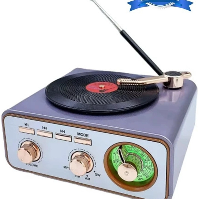 Metalik Nostaljik Tasarım Plak Çalar Görünümlü Radyolu Bluetooth Hoparlör Retro Müzik Plak